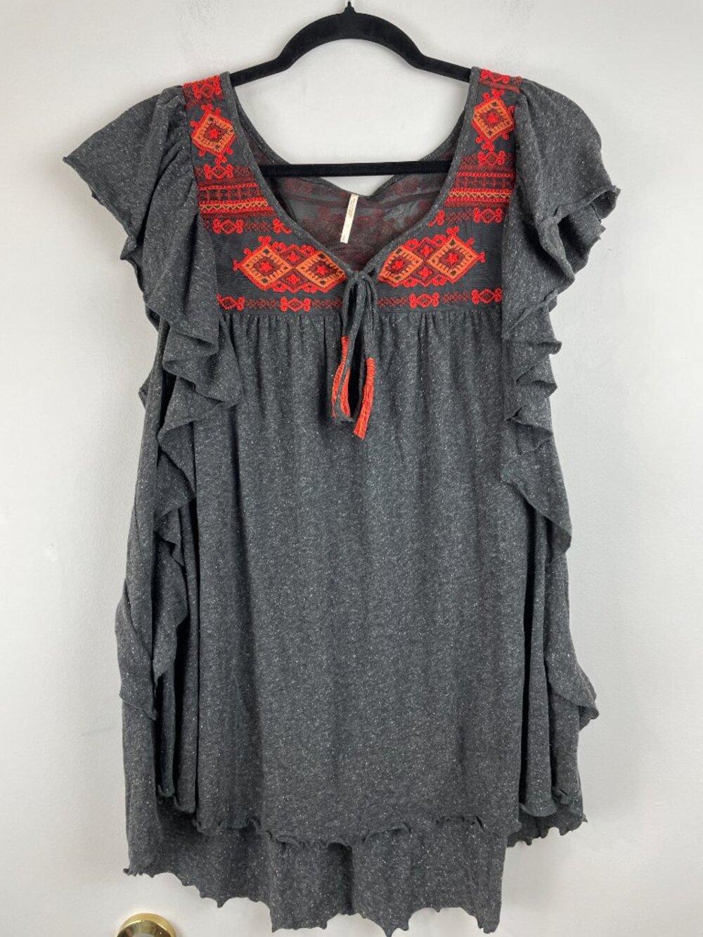 Free People Embroidered Boho Ruffle Sleeve Top Gray w/ Red Accents Sz L